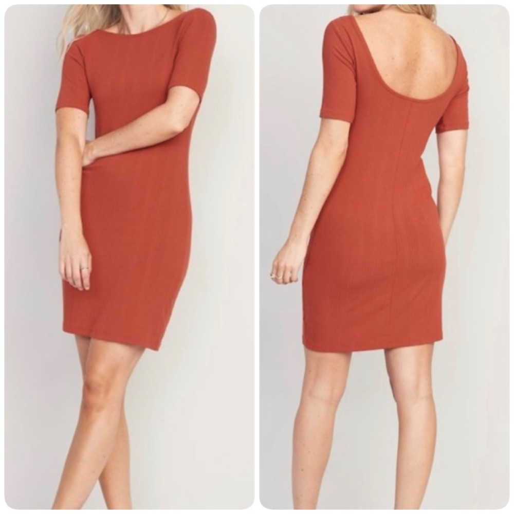 3/$12 Old Navy Rust Mini Dress Ribbed Stretch Size Medium Tall M Low Cut Back